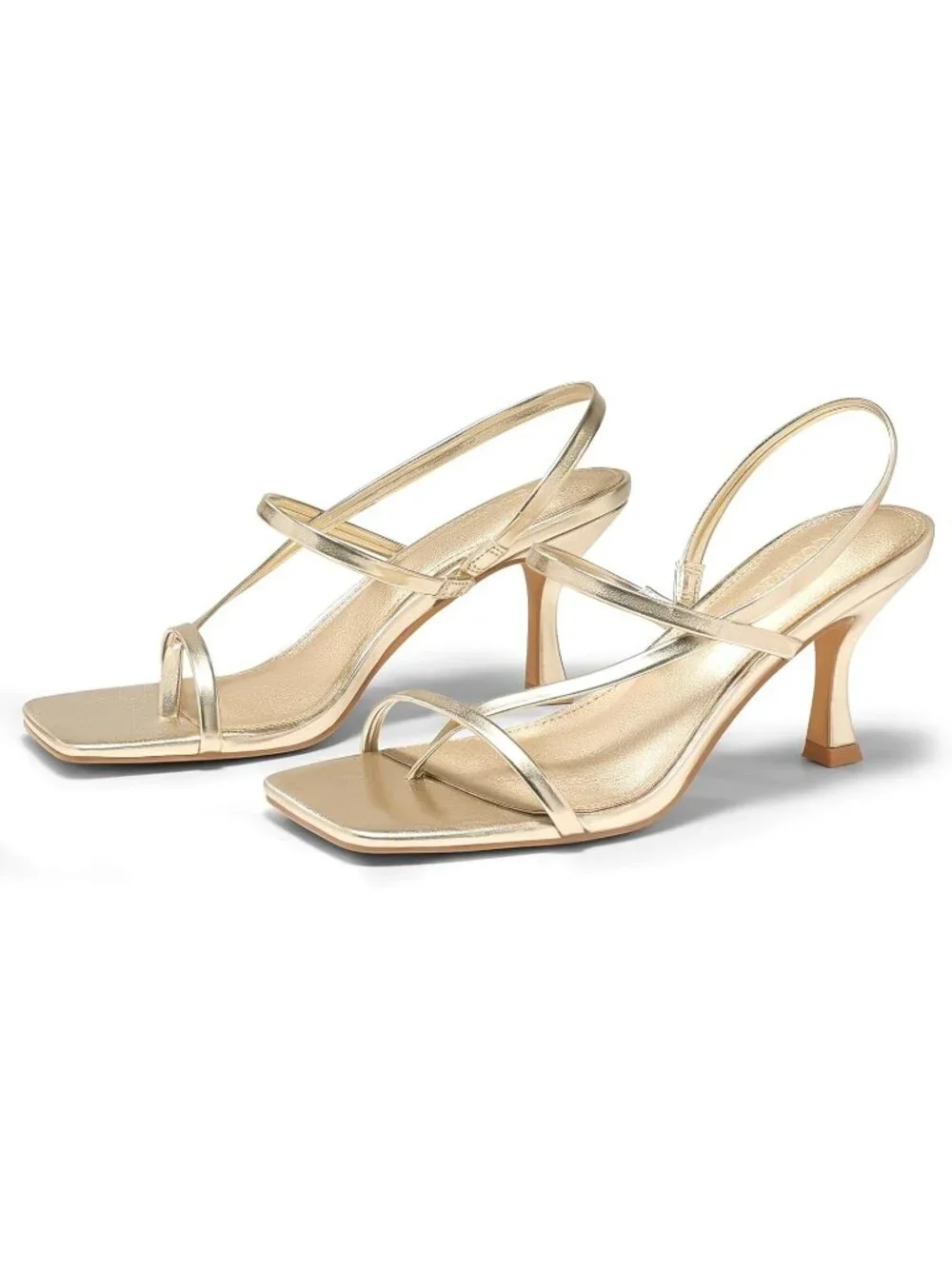 Women's Gold Strappy Kitten Heels Sandals Square Open Toe Flip Flops Shoes